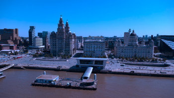 Aerial View of Liverpool’s Iconic Three Graces and Gerry Marsden Ferry Terminal